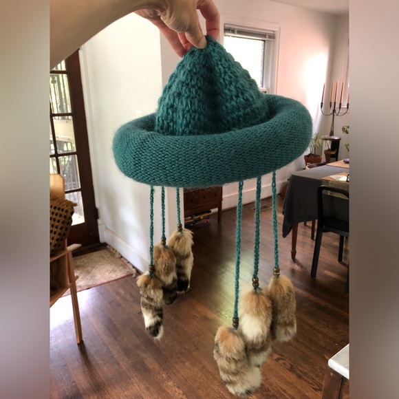 Vintage Teal HandKnit Cat Tail Hat RARE - Picture 2 of 6